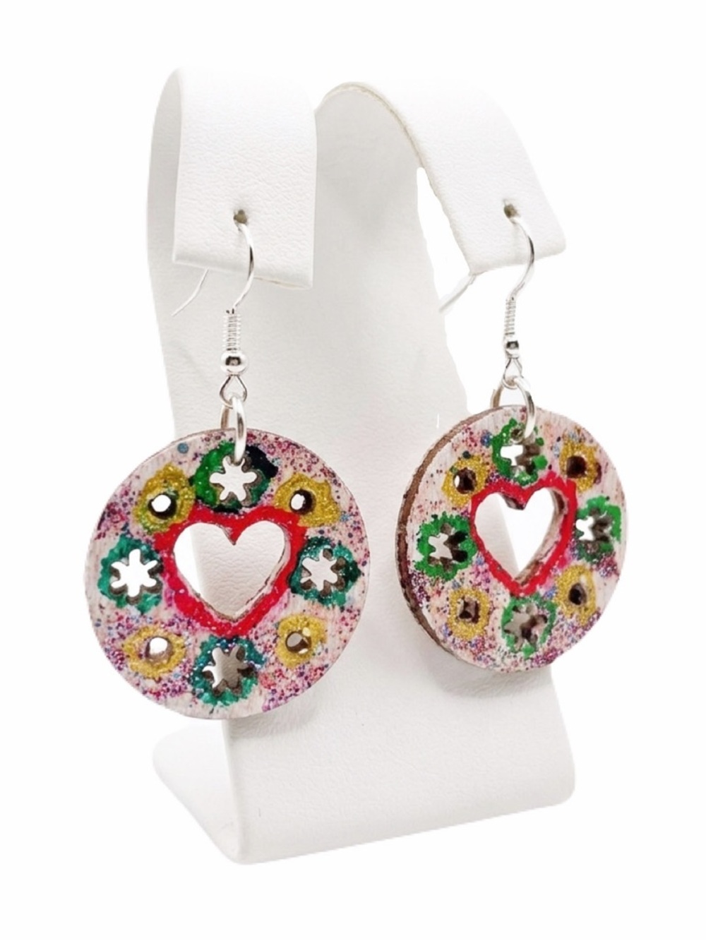 New Artisan Handmade Wooden Sterling Silver Christmas Wreath Earrings